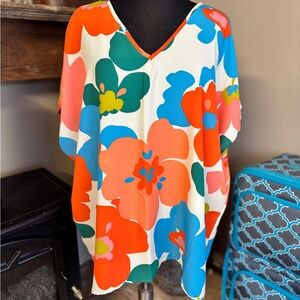 First Love Floral V-Neck Tunic in Orange, Blue, Green, Yellow on White